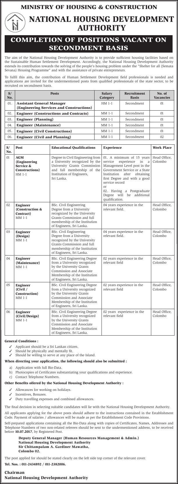 Assistant General Manager (Engineering Services & Constructions), Engineer (Constructions & Contracts, Planning, Maintenance, Civil Constructions, Civil & Planning) - National Housing Development Authority